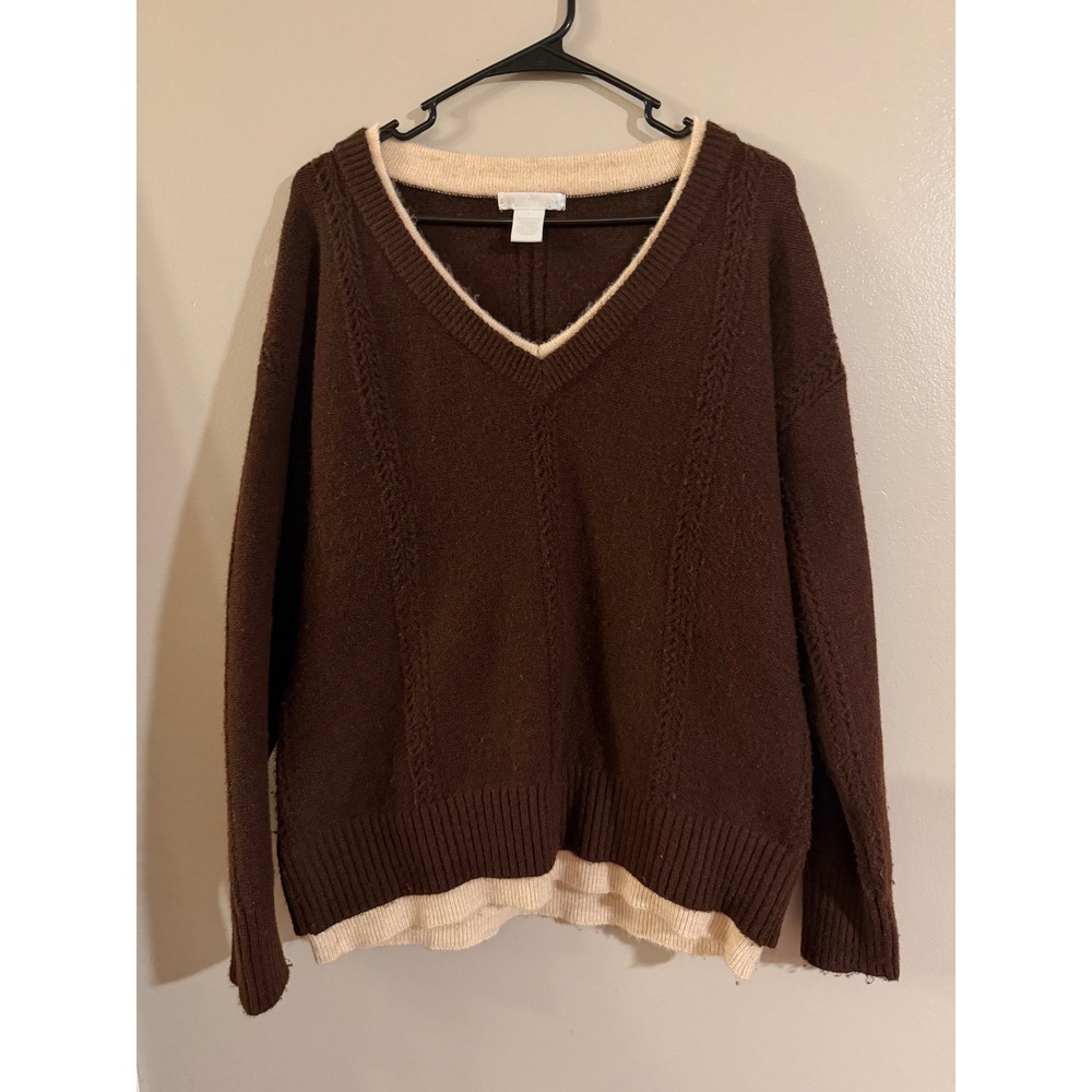 Design History Brown V-Neck Layered Look Cable Knit Sweater Womens Large